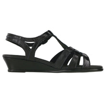 Load image into Gallery viewer, Carbon Black SAS Women&#39;s Aurora Patent Leather Strappy Wedge Sandal Side View
