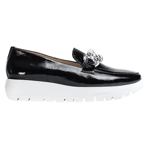 Negro Black With White Sole Wonders Women's A 2405 0010223 Patent Loafer With Metal Link Ornament