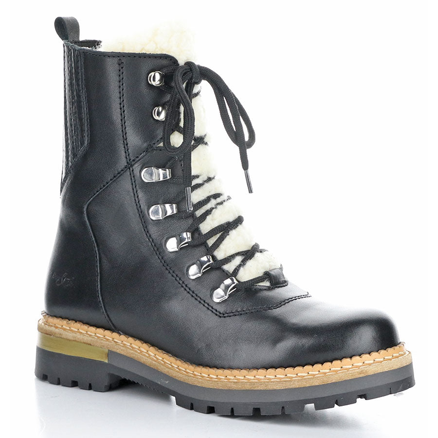 Black Bos&Co Women's Waterproof Leather Lace Up Mid High Boot With White Merino Wool Lining Profile View