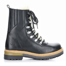 Load image into Gallery viewer, Black Bos&amp;Co Women&#39;s Waterproof Leather Lace Up Mid High Boot With White Merino Wool Lining Side View
