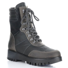 Load image into Gallery viewer, Grey And Black Bos&amp;Co Women&#39;s Green Primo Leather And Fabric Mid High Combat Style Lace Up Boot Profile View
