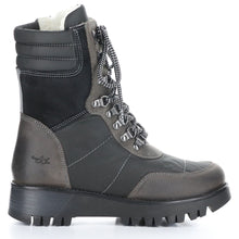Load image into Gallery viewer, Grey And Black Bos&amp;Co Women&#39;s Green Primo Leather And Fabric Mid High Combat Style Lace Up Boot Side View

