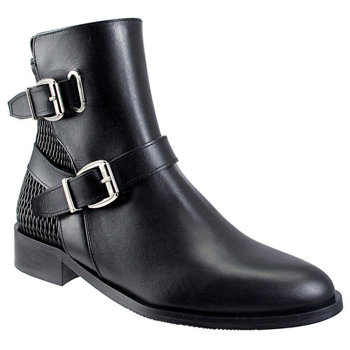 Onyx Black Ron White Women's Bertie Waterproof Leather And Stretch Zipper And Double Buckle Strap Ankle Boot Profile View 