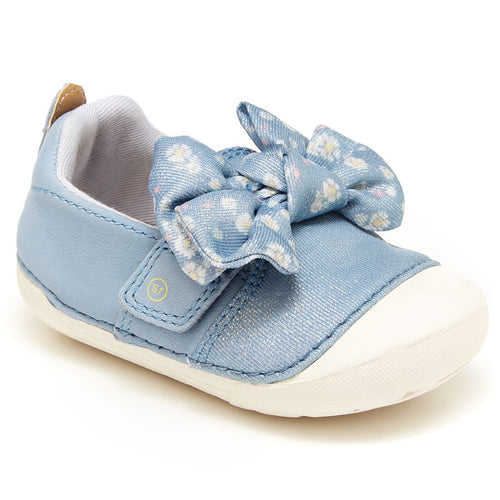 Chambray Light Blue With White Stride Rite Infant's Atlas Leather And Canvas Slip On Sneaker With Large Flower Printed Bow Sizes 3 to 6