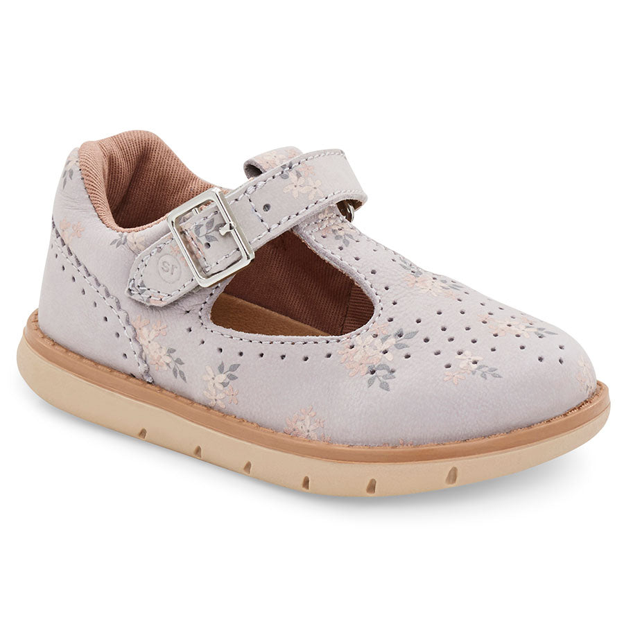 Pink With Tan And Beige Sole Stride Rite Girl's Nell Perforated Leather With Flower Print T Bar Mary Jane Shoe Sizes 6 to 10 Medium And Wide Width
