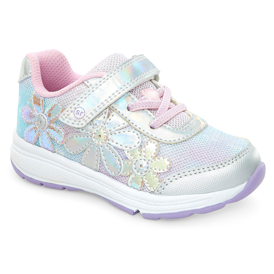 Iridescent silver With Pink And White And Purple Stride Rite Girl's Lighted Glimmer Iridescent Leather And Mesh Sneaker With Leather Embroided Flowers Sizes 7 to 10