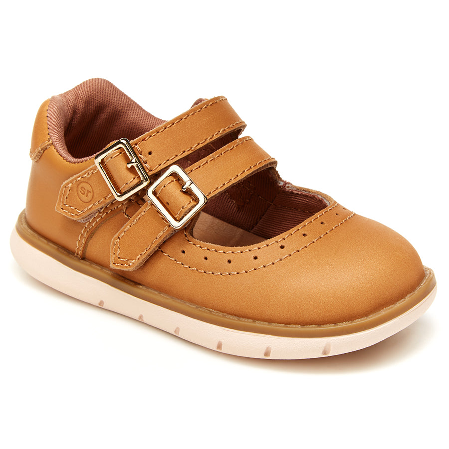 Tan With Beige Sole Stride Rite Infant's SRT Cordaline Leather Double Strap Mary Jane Sizes 6 to 8