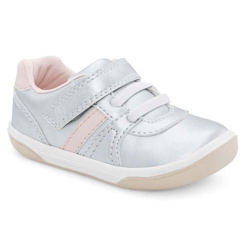 Silver And Pink And White And Beige Sole Stride Rite Infant's Thompson Metallic Textile Casual Sneaker Sizes 5 to 10 Medium And Wide Width