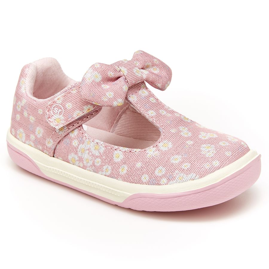 Pink And White Stride Rite Girl's Catalina Floral Print Textile T Strap Shoe With Bow Sizes 5 to 10 