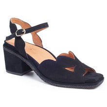 Load image into Gallery viewer, Black Yes Women&#39;s Camilla Suede Quarter Strap Block Heel Dress Sandal Profile View
