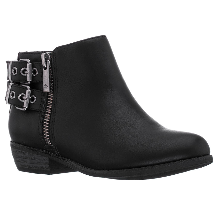Black Nina Doll Girl's Chloey Vegan Leather Zipper And Double Buckle Strap Bootie Sizes 13 And 1 to 6