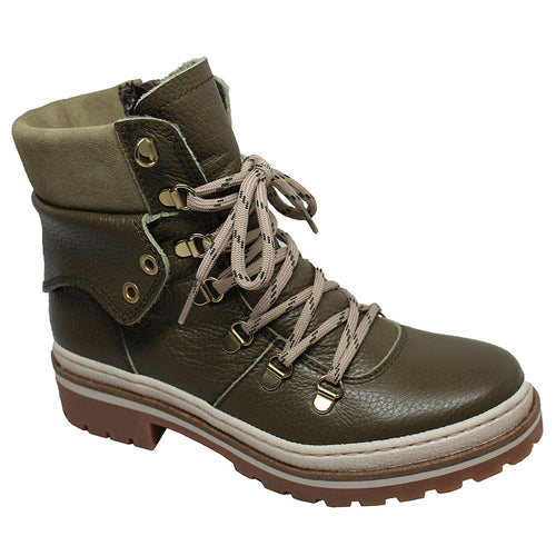 Olive Green Eric Michael Women's Cynthia Water Resistant Leather Lace Up Combat Style Boot Faux Suede Collar