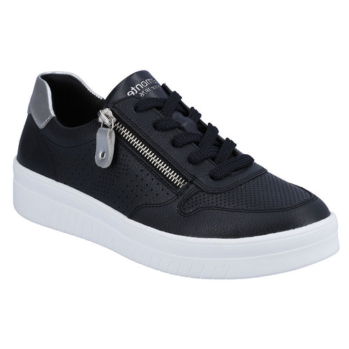 Black With Silver And White Sole Remonte Women's D0J02 Leather Casual Sneaker Profile View