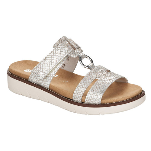 Off White With Beige Sole Remonte Women's D2056 Reptile Texture Leather Adjustable Sandal Slide Flat