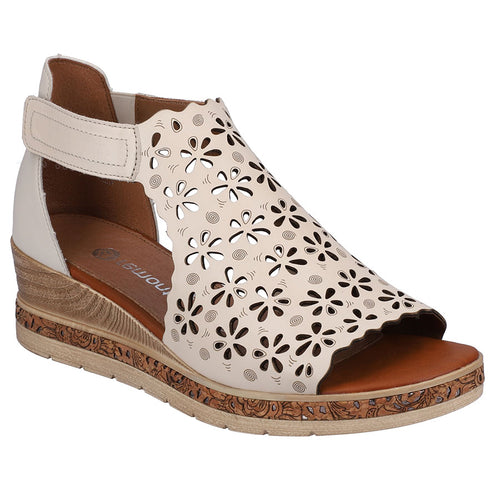 Porzellan Off White With Beige Sole Remonte Women's D3056 Leather With Cut Outs Peep Toe Wedge Sandal Profile View