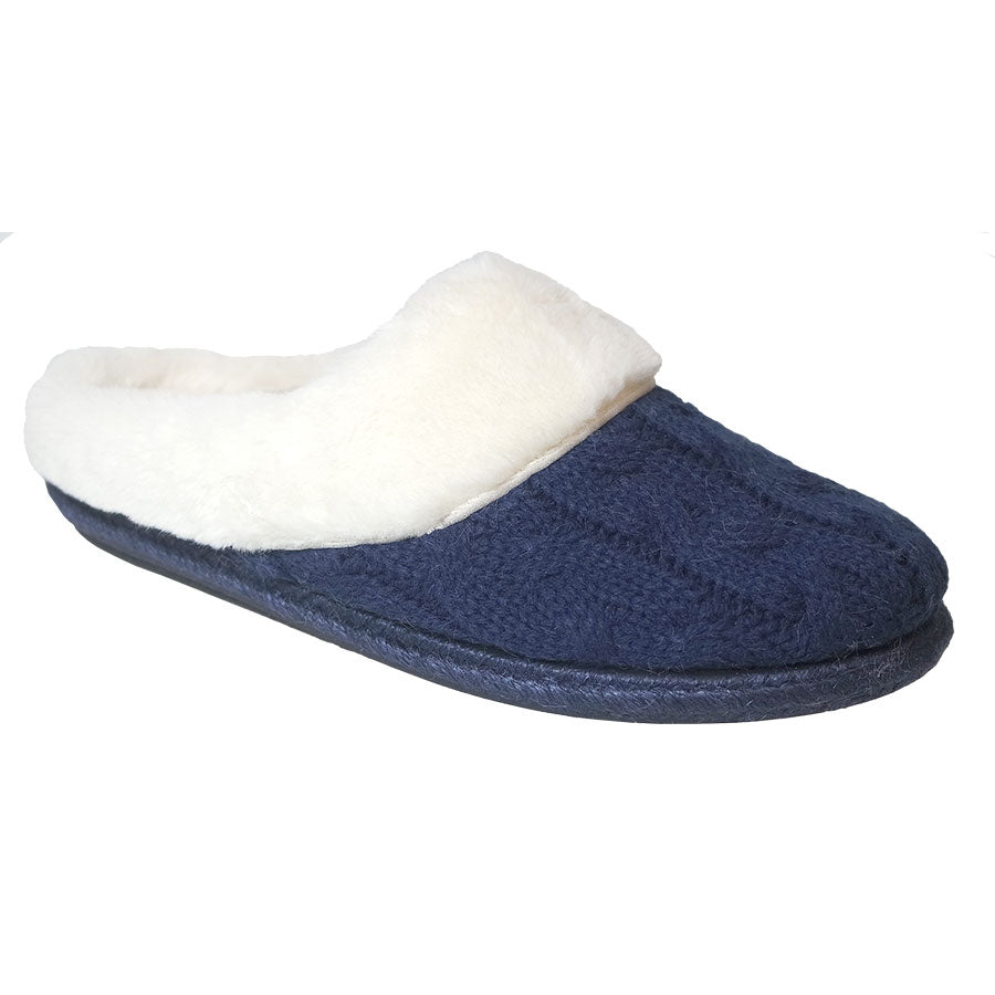 Navy Toni Pons Women's Deli SC Fabric With White Faux Fur Slippers