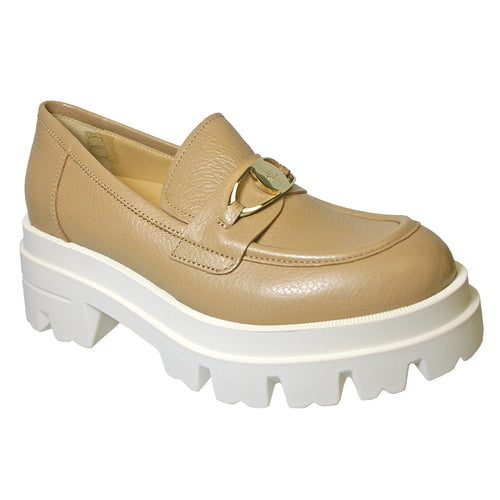 Camel Light Brown With White Oversized Sole Giovanni Fabiani Women's Delaa W21691 Leather Loafer With Link Ornament