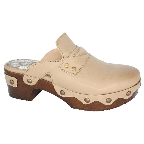 Taupe Beige With Brown Eric Michael Women's Delphi Leather Clog With Studs