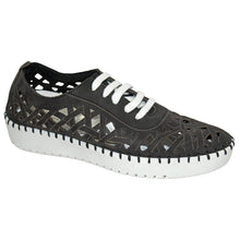 Load image into Gallery viewer, Black With White Sole Eric Michaels Women&#39;s Suede With Geometric Perforations Casual Sneaker Profile View
