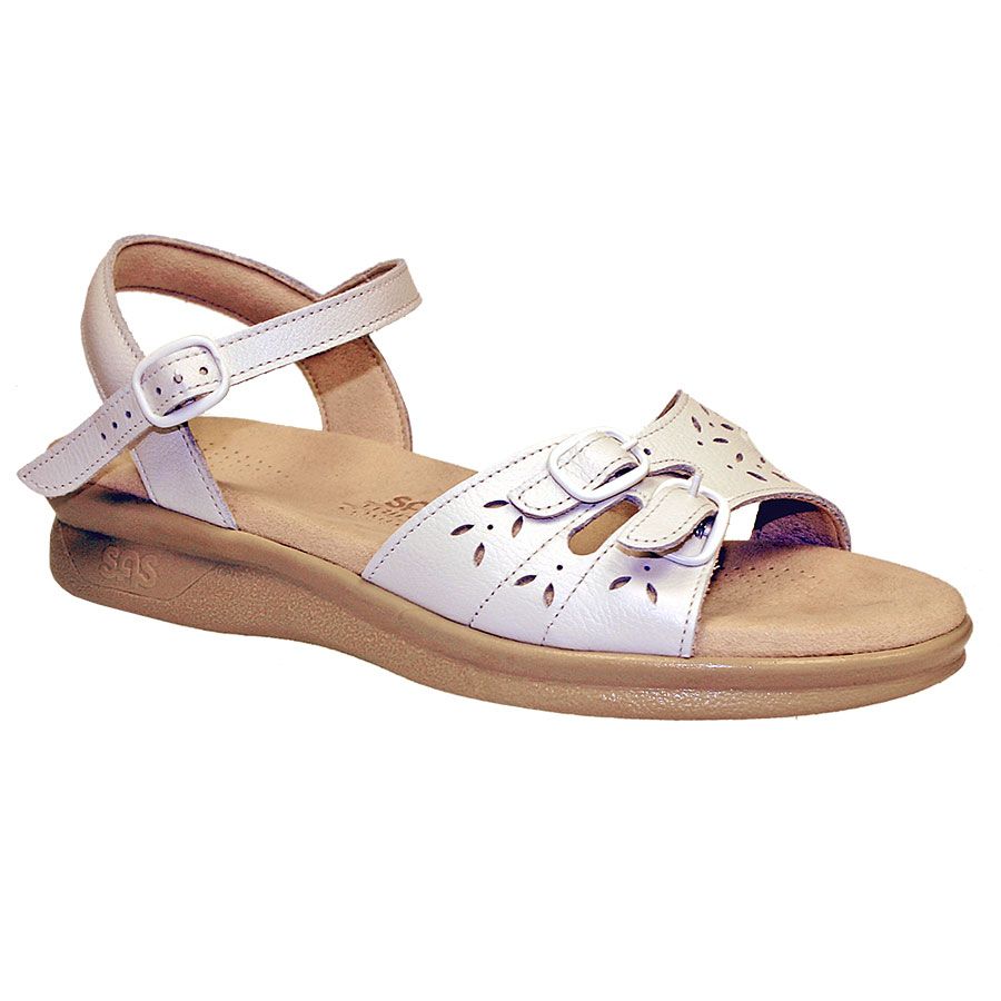 White With Beige Sole SAS Women's Duo Tripad Leather With Cut Outs Quarter Strap Sandal Flat