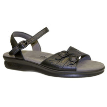 Load image into Gallery viewer, Black SAS Women&#39;s Duo Tripad Leather With Cut Outs Quarter Strap Sandal Flat Profile View
