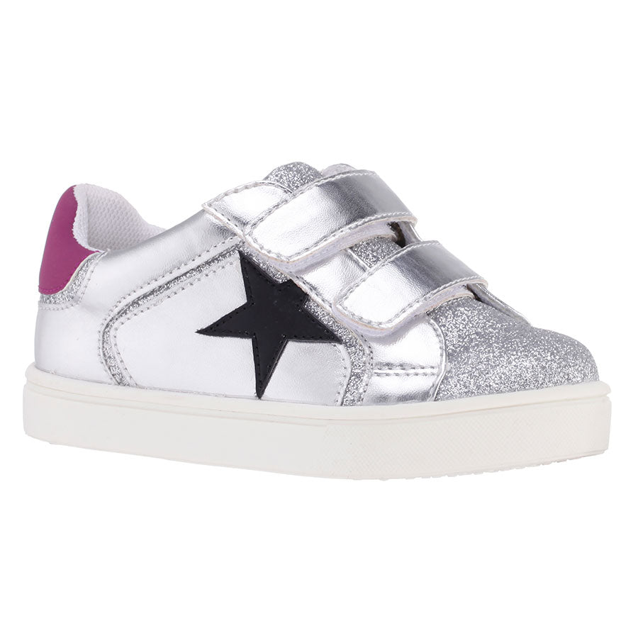 White With Silver And Pink Nina Doll Girl's Evon T Vegan Metallic Leather With Glitter Double Velcro Strap Casual Sneaker Sizes 8 to 12