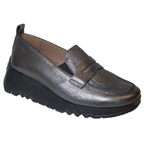 Grey With Black Sole Wonders Women's E 6712 1827 Metallic Leather Wedge Penny Loafer