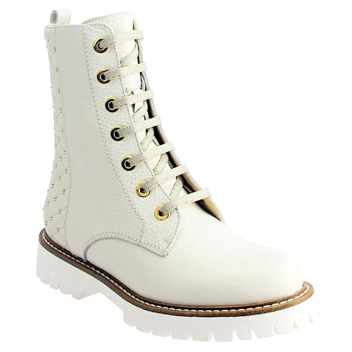 Snow White With Gold Studs Ron White Women's Fearn Weatherproof Leather And Quilted Leather Combat Boot Profile View