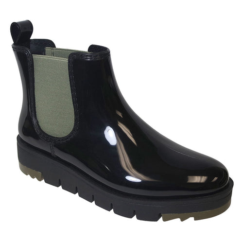 Black With Green Elastic Cougar Shoes Women's Firenze Waterproof Fabric Chelsea Rain Boot Vegan Profile View 