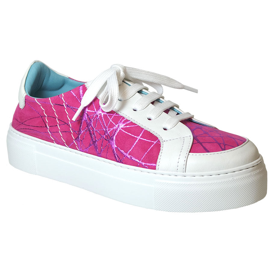 Pink And White Thierry Rabotin Fifty 12 Women's Ausilia Leather And Nubuck With Metallic Webbing Print Casual Sneaker