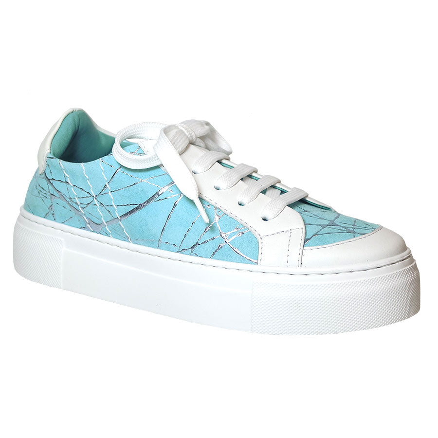 Turquoise Light Blue And White Thierry Rabotin Fifty 12 Women's Ausilia Leather And Nubuck With Metallic Webbing Print Casual Sneaker