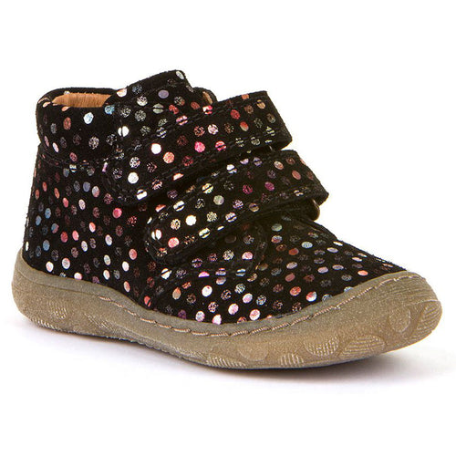 Black And Multi Colored Fluorescent Dots With Beige Sole Froddo Infant's Kart Velcro Suede Bootie Sizes 20 to 24 Profile View