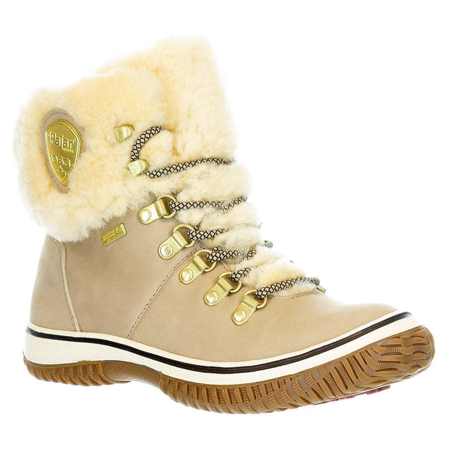 Sand Beige And White with Tan Sole Pajar Women's Galat Waterproof Nubuck With Off White Shearling Collar Outdoor Ankle Boot