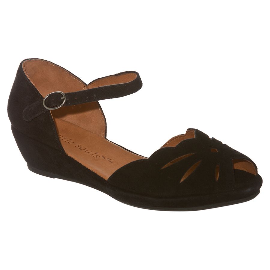Black Gentle Souls Women's lily Moon Suede Closed Back Quarter Strap Sandal With Oval Cut Outs