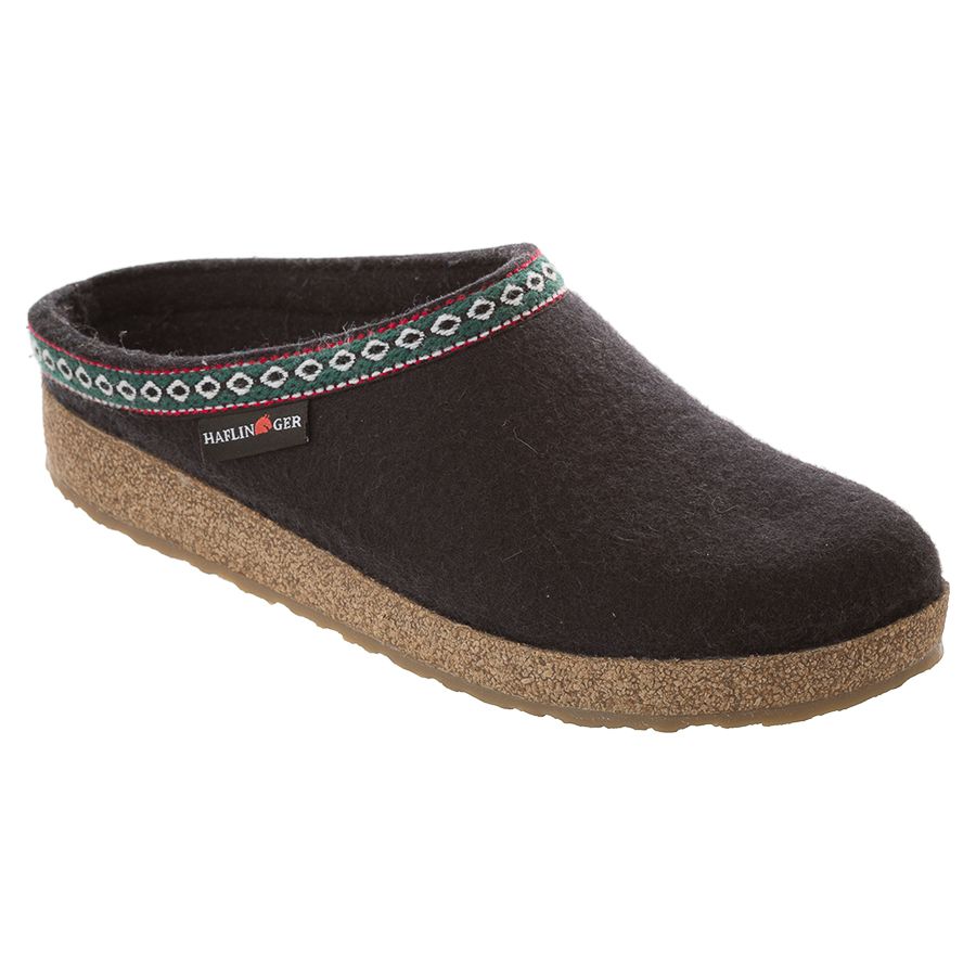 Black With Brown Sole Haflinger Women's Grizzly Clog Wool With Embroidered Decorative Collar Slippers