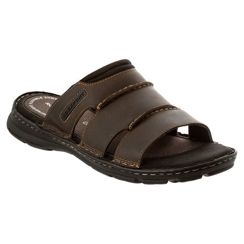 Brown With Black Sole Rockport Men's Darwyn Slide Leather Triple Strap Sports Sandal