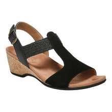 Load image into Gallery viewer, Black Vionic Women&#39;s Katyie Suede And Jute T Strap Wedge Sandal Profile View
