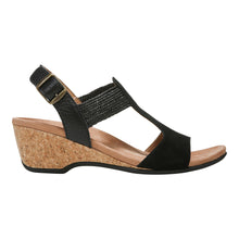 Load image into Gallery viewer, Black Vionic Women&#39;s Katyie Suede And Jute T Strap Wedge Sandal Side View
