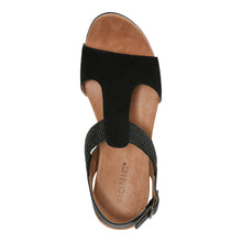 Load image into Gallery viewer, Black Vionic Women&#39;s Katyie Suede And Jute T Strap Wedge Sandal Top View
