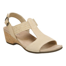 Load image into Gallery viewer, Semolina Beige With Brown Sole Vionic Women&#39;s Katyie Suede And Jute T Strap Wedge Sandal Profile View

