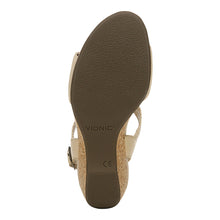 Load image into Gallery viewer, Semolina Beige With Brown Sole Vionic Women&#39;s Katyie Suede And Jute T Strap Wedge Sandal Sole View
