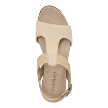 Load image into Gallery viewer, Semolina Beige With Brown Sole Vionic Women&#39;s Katyie Suede And Jute T Strap Wedge Sandal Top View
