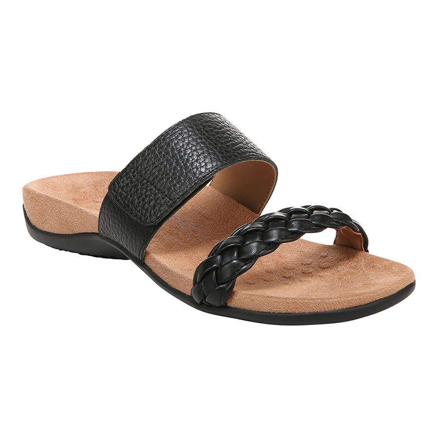 Black Vionic Women's Jeanne Leather And Braided Leather Double Strap Slide Sandal Profile View