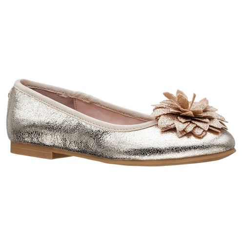 Platino Gold With Tan Sole Nina Doll Girl's Jeanesse Metallic Crinkle Vegan Leather Ballet Flat With Glittery Flower Ornamentation Sizes 13 to 13.5 And 1 to 6