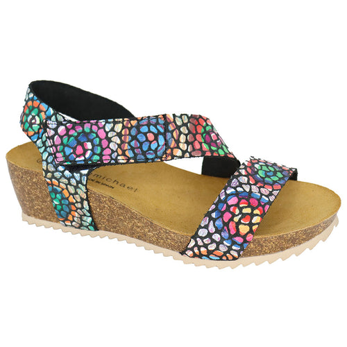 Black And Multi Colored Design With Beige Sole Eric Michael Women's Jolly Leather Wedge Sandal