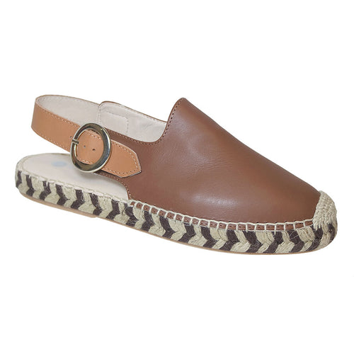 Cognac Brown And Tan Eric Michael Women's June Leather Slingback Closed Toe Sandal With Black And White Patterned Sole