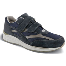 Load image into Gallery viewer, Dark Blue With Grey And White SAS Men&#39;s JV Leather And Mesh Double Velcro Strap Sneaker Profile View
