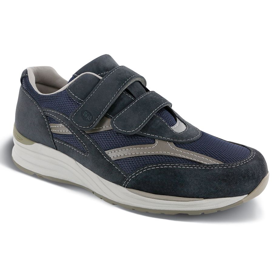 Dark Blue With Grey And White SAS Men's JV Leather And Mesh Double Velcro Strap Sneaker