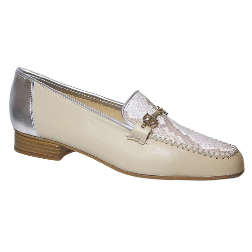 Moon Beige With Silver Brunate Women's Vergi Leather Loafer With Metallic Back and Reptile Print White And Beige Vamp With Double B Link