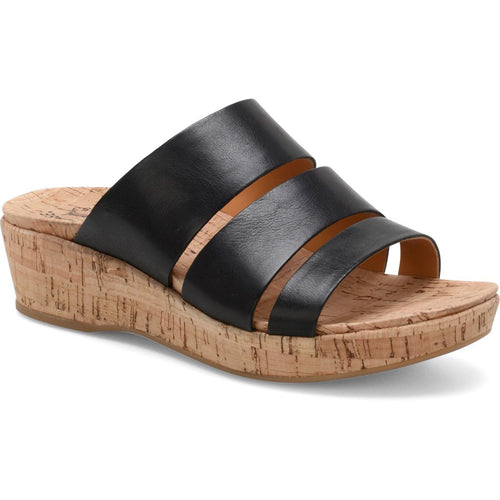 Black Kork Ease Women's Menzie Leather Triple Strap Wedge Slide Sandal